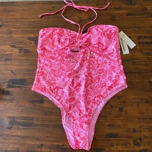 No Boundaries Pink Tropical Bird Floral One Piece Swimsuit Cheeky High Leg XL